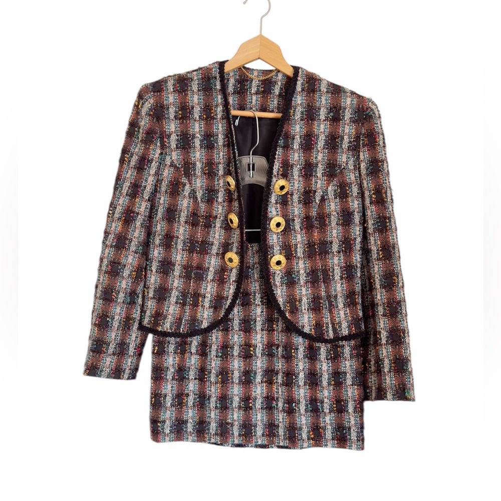 Doncaster Tweed Open Front Gold Button Blazer & Mini Skirt Preppy Set
